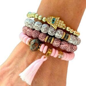 Set of 4 Hamsa Bohemian Bracelet Stack Tassel Beads Evil Eye Men’s Unisex Gift